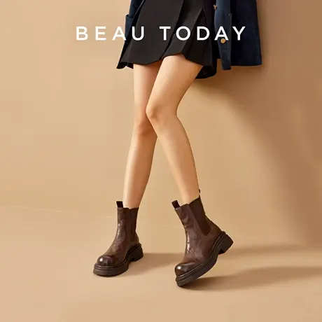 【佳雪佳敏】BeauToday厚底烟筒靴水洗牛皮切尔西靴女商品大图