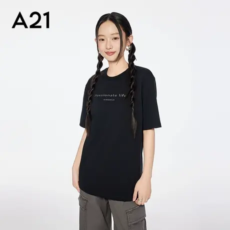 A21女装四色可选字母中长款棉T恤简约圆领落肩袖上衣商品大图