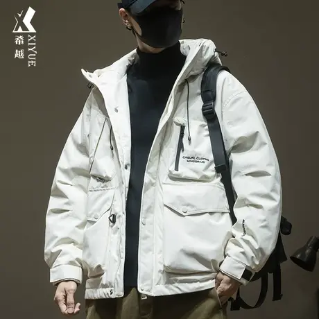 工装风羽绒服外套男士秋冬新国标灰鸭绒宽松大码连帽棉服加肥加大商品大图