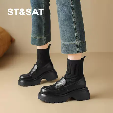 星期六2025新款弹力袜靴女厚底加绒保暖圆头乐福女短靴百搭瘦瘦靴商品大图