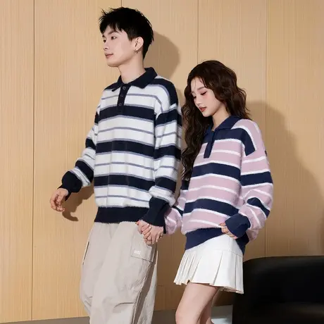 唐狮春秋季新款毛衣女条纹百塔休闲Polo领毛线衫今年流行爆款TE商品大图