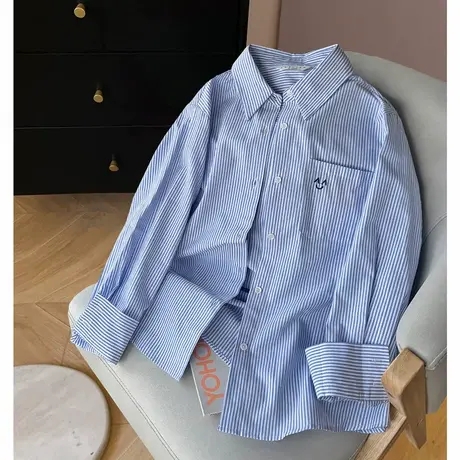 唐狮春秋季长袖条纹衬衫女新款女夏季小个子蓝色休闲外套TM图片
