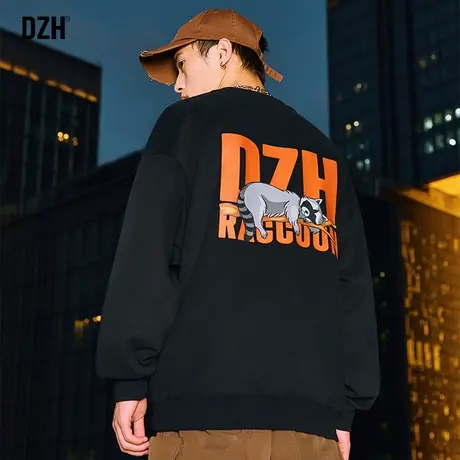 DZH男士黑色卫衣男圆领春秋长袖上衣2023新款情侣秋装外套打底衫商品大图