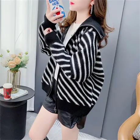 条纹翻领毛衣开衫女秋季2023新款宽松温柔风时尚拉链针织外套上衣商品大图