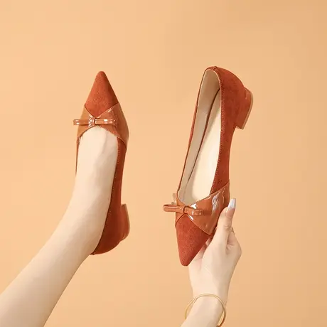 小香风单鞋女中跟设计感小众2023秋新款蝴蝶结拼接磨砂粗跟高跟鞋商品大图