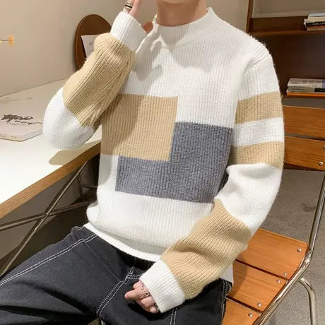 个性撞色毛衣男士冬季圆领针织衫男潮牌青少年打底衫保暖学生线衣商品大图