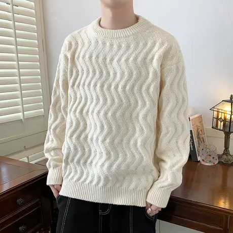 波浪纹圆领毛衣男冬季加厚保暖针织男打底衫青少年慵懒风内搭线衣图片
