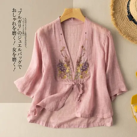 五分袖亚麻短外套文艺复古刺绣薄款外搭2021夏季新款棉麻空调衫女图片