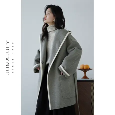 嘉茱莉2023秋冬新款撞色包边双面呢子大衣女连帽羊毛大衣小个子商品大图