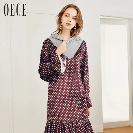 Oece春装新款 针织连帽休闲波点丝绒连衣裙春图片