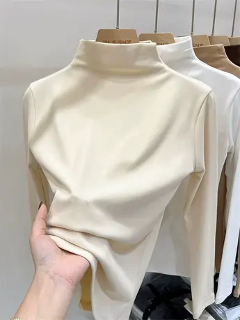 中领半高领双面德绒打底衫女秋冬加绒内搭上衣2023新款保暖t恤女商品大图