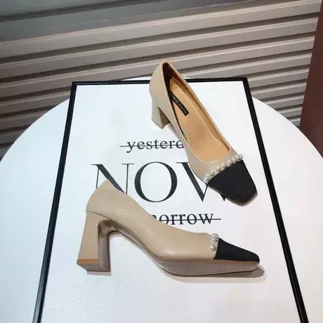 2023秋季新款小香风珍珠方头拼色粗跟单鞋女网红百搭OL高跟职业鞋商品大图