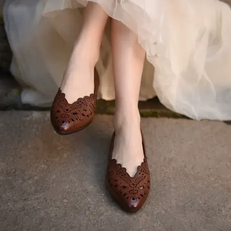 Artmu阿木真皮复古尖头镂空单鞋奶奶鞋平底鞋子女2023新款妈妈鞋商品大图