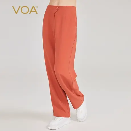VOA深橘色60姆米重磅长空厚桑蚕丝自然腰侧口袋垂顺真丝直筒长裤图片