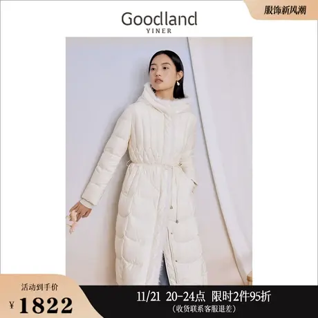 Goodland美地女装2023冬季中长款水貂毛条式保暖白鸭绒羽绒服商品大图