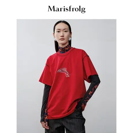 【商场同款】玛丝菲尔上衣冬季新款红色圆领云兔印花休闲短袖T恤商品大图