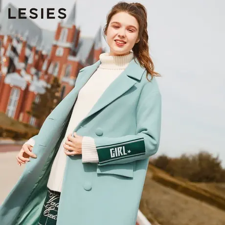 蓝色倾情2022冬季女装赫本风毛呢大衣女浅绿西装领双排扣呢子外套图片