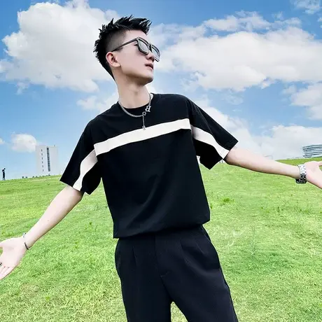 夏季网红ins潮牌潮流短袖T恤男2023流行拼接设计简约百搭圆领半袖商品大图