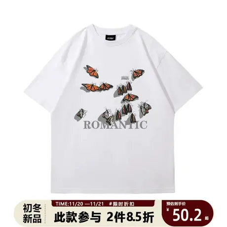 美式复古夏天卡通蝴蝶纯色短袖T恤学生百搭宽松vintage风半袖商品大图