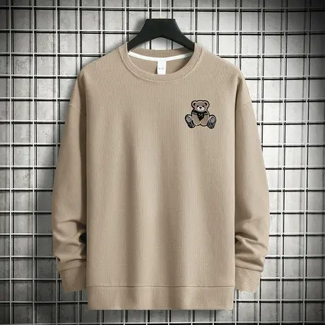 华夫格圆领卫衣男2024新款春秋季小熊长袖t恤无帽衫宽松潮流百搭商品大图