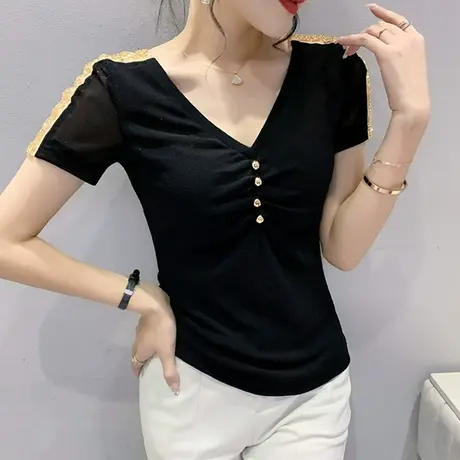 2024夏季新款网纱拼接T恤女短袖时髦洋气上衣钉珠设计感V领小衫潮商品大图