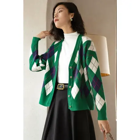 弥古复古绿色菱格针织开衫女秋冬新款v领格子外穿毛衣外套慵懒风图片