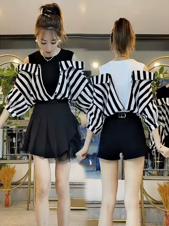 时尚设计感假两件露肩衬衣女2023夏季新款百搭减龄洋气短袖上衣潮商品大图