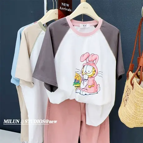 2023夏款韩国东大门短袖上衣ins复古卡通搞怪趣味插肩袖纯棉体恤商品大图