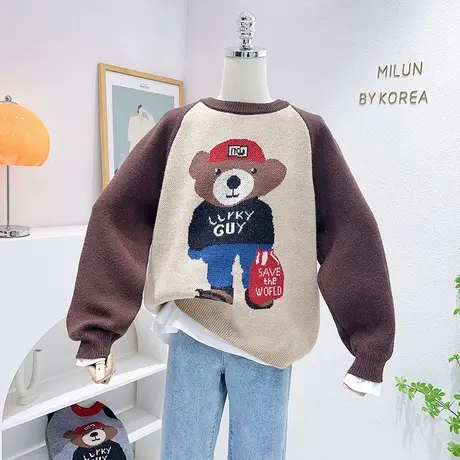 2022秋冬款软糯小熊毛衣韩国东大门设计感撞色加厚针织衫长袖大码商品大图