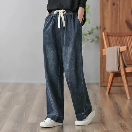 dza 高腰显瘦宽松直筒牛仔裤子女春秋休闲百搭长裤抽绳拖地开叉裤图片