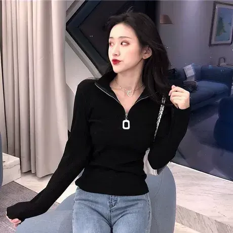 秋季2024新款韩版网红显瘦拉链半高领长袖针织衫女修身学生打底衫商品大图