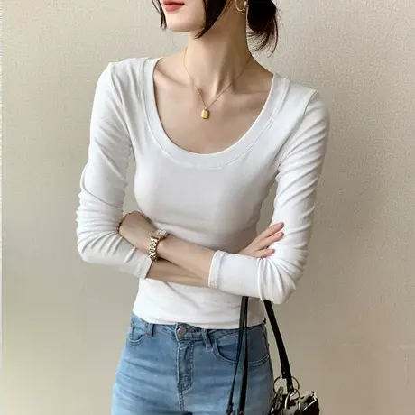 大圆领t恤女长袖早秋新款修身显瘦内搭打底衫正肩纯棉紧身上衣薄商品大图