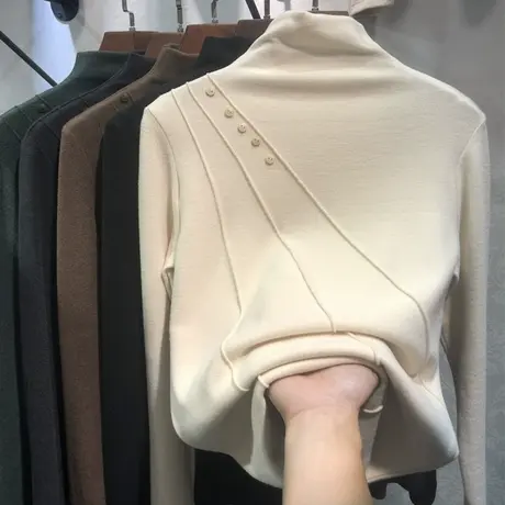 秋冬加厚半高领双面羊绒打底衫女士内搭长袖欧货德绒上衣磨毛t恤图片