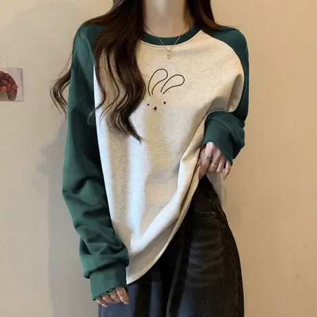 ins超火加绒加厚插肩袖T恤女秋冬装宽松显瘦韩版撞色拼接长袖上衣图片