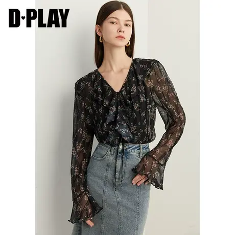 DPLAY新度假风暗夜繁花小衫V领荷叶边喇叭袖印花雪纺上衣图片