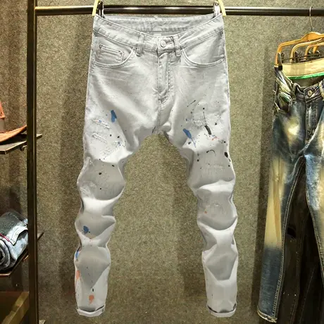 潮牌破洞补丁牛仔裤男士街头帅气小脚裤潮流泼墨修身长裤子浅灰色商品大图