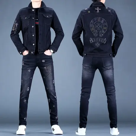 2023秋冬新款男士牛仔外套男男款裤子修身休闲套装男上衣夹克潮牌图片