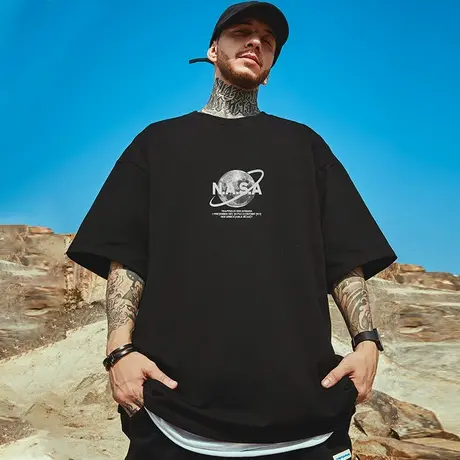国潮嘻哈潮牌nasa印花短袖t恤潮流宽松大码男装半袖简约体恤夏装商品大图