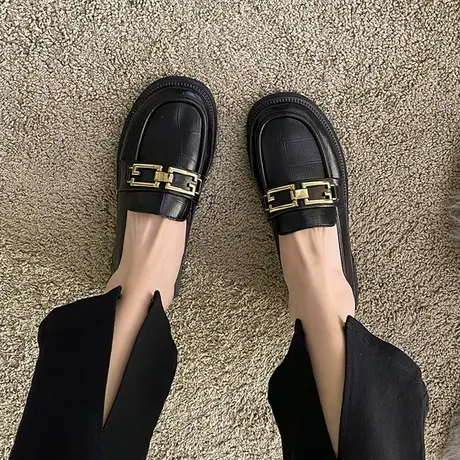 小皮鞋女英伦风黑色平底乐福鞋2024春夏新款单鞋一脚蹬上班豆豆鞋图片