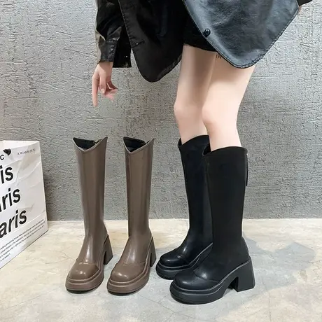长筒靴女2023春秋季新款复古小个子增高法式瘦瘦靴粗跟厚底骑士靴商品大图