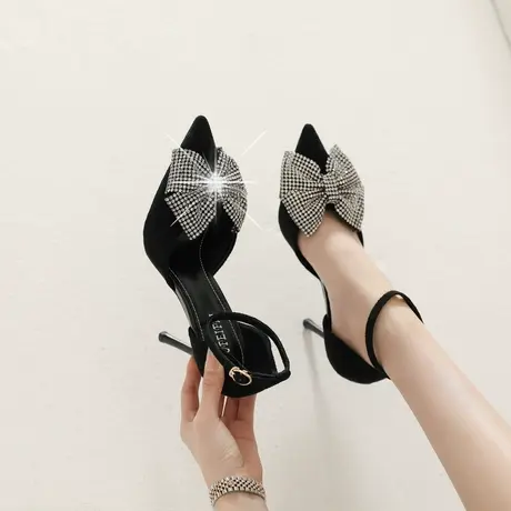 尖头高跟鞋女2024年春季新款气质百搭一字扣带蝴蝶结水钻细跟单鞋商品大图