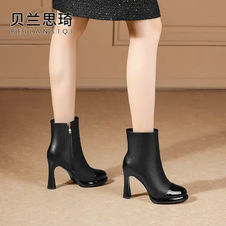 真皮拼接厚底圆头粗跟短靴女2023秋冬季新款百搭防水台高跟马丁靴图片