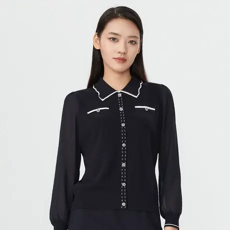 朗姿 翻领拼色气质简约通勤风女式毛针织衫线下商场同款奥莱图片