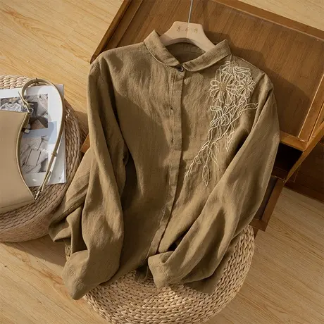 享永子刺绣亚麻衬衫女高级感文艺复古棉麻上衣春秋款休闲2024新款商品大图