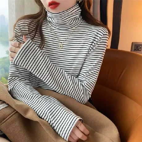 双面德绒条纹减龄内搭打底衫上衣高领T恤2024年秋冬新款韩版女装图片