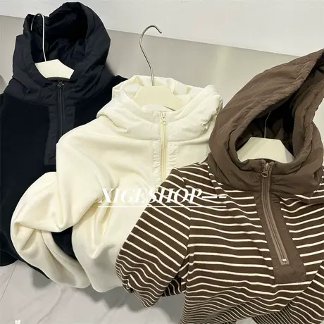 拼接立领半拉裤连帽卫衣女秋冬设计感磨毛德绒内搭配羽绒棉服打底商品大图