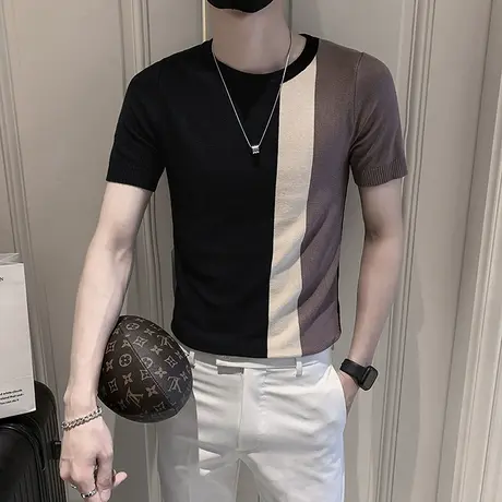 春夏季短袖t恤针织衫潮牌修身半袖拼色条纹潮流百搭圆领半袖体恤商品大图