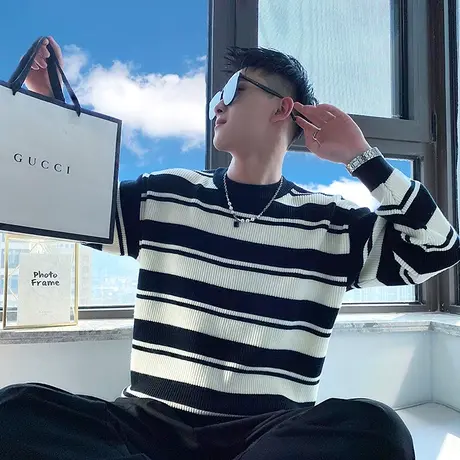 圆领条纹毛衣男秋冬季潮流个性潮牌套头针织衫休闲修身学生打底衫商品大图