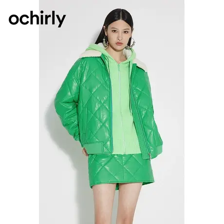 【呼呼严选专享】欧时力 毛领PU皮棉衣外套新款秋冬高街菱格夹克商品大图