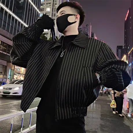 春秋季时尚休闲竖条纹翻领微阔学生潮牌潮流外套机车个性男士夹克商品大图